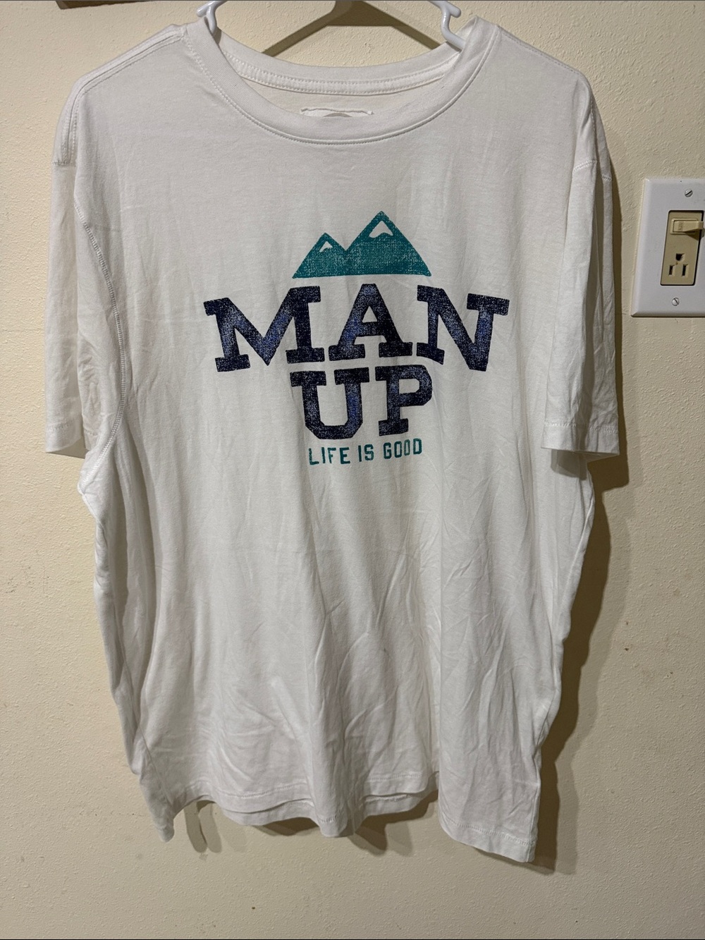 Life Is Good Man Up White Short Sleeve Tee with Teal and Navy Graphic